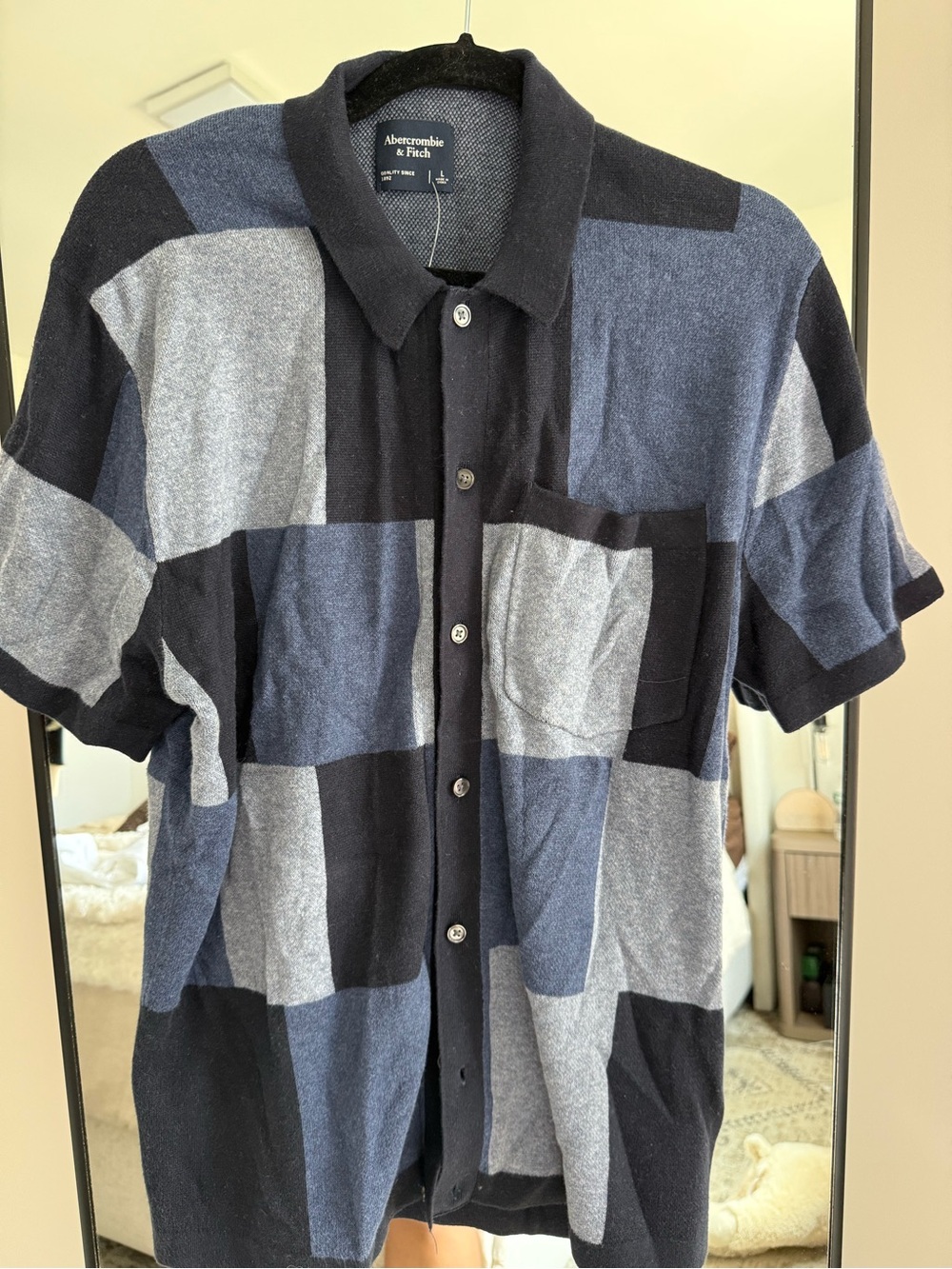 Abercrombie & Fitch Men's Navy and Gray Patchwork Button-Down Shirt